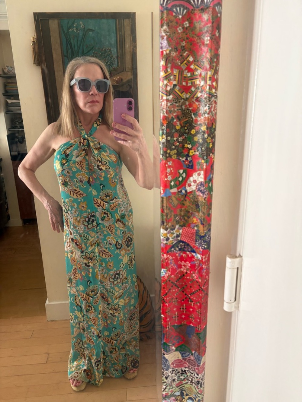 Zara Turquoise Floral Halter Maxi Dress XS